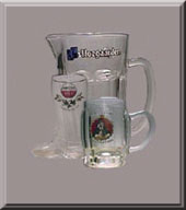 Beer mugs, boots, pitchers per brewery